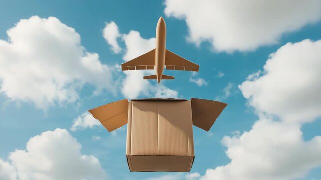 Cardboard box transforms into airplane against cloudy sky