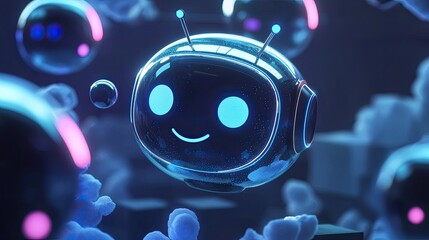 Friendly chatbot icon surrounded by floating conversation bubbles