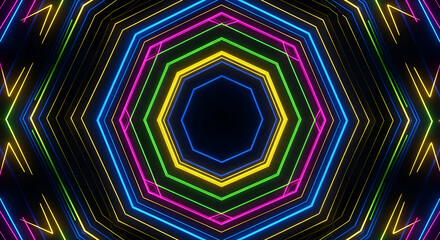 Kaleidoscopic Neon Octagons - A Vibrant, Symmetrical Abstract Design.