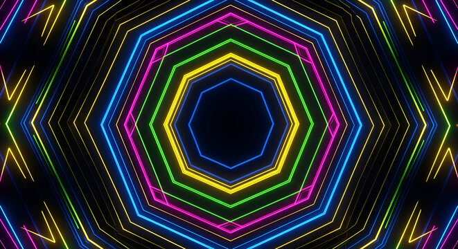Kaleidoscopic Neon Octagons - A Vibrant, Symmetrical Abstract Design.