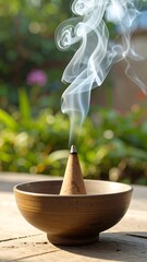 Incense smoke rising from a cone in a bowl