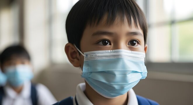 Young Asian boy wearing a protective face mask in a classroom setting, looking thoughtfully ahead.