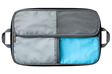 Open gray travel organizer bag with multiple compartments isolated with transparent background