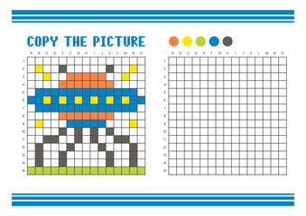 Copy the picture grid drawing worksheet for kids. Pixel art alien robots