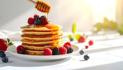 A stack of pancakes topped with mixed berries is drizzled with honey from a wooden dipper, presented on a white plate.