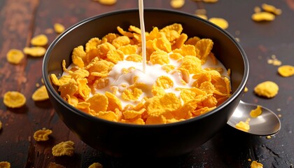 Milk pouring over cereal in a bowl