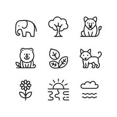 Collection of simple line icons representing nature and wildlife, including animals, plants, and weather elements, isolated on white background technology background