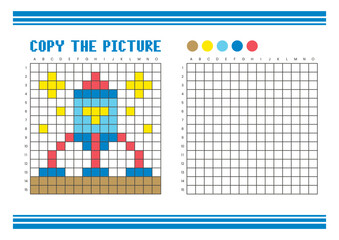 Copy the picture grid drawing worksheet for kids. Pixel art rocket
