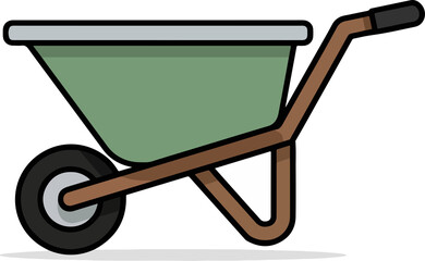 A cartoon-style wheelbarrow with a green basin and brown frame, used for transporting garden materials and debris.