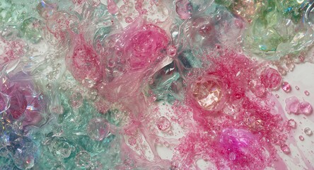 Fototapeta premium Iridescent turquoise ink swirling across pure white canvas with shimmering silver droplets creating dreamy liquid movement