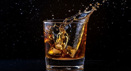 Pouring dark whiskey over ice in a glass with splashes and reflections in a dark background with water droplets and a glossy surface.