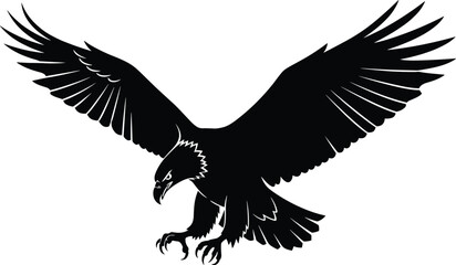 Flying eagle silhouette with spread wings and sharp talons in black vector design for wildlife, nature, freedom, and predator illustration