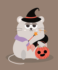 Flat Design Boo Illustration with a Lazy Mouse Wearing a Scarf, Magic Hat, and Holding a Bag Candy 