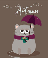 Flat Design Hello Autumn  Illustration with Lazy Mouse Wearing Scarf and Holding Coffee Cup,  Umbrella