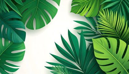 Vibrant illustration of layered tropical palm and monstera leaves framing a white background