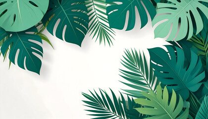 Vibrant green tropical monstera and palm leaves forming a decorative frame on a white background