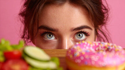 Young woman has to choose between salad and donut. Healthy lifestyle concept
