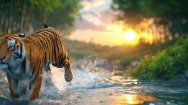 Tiger running through stream sunrise