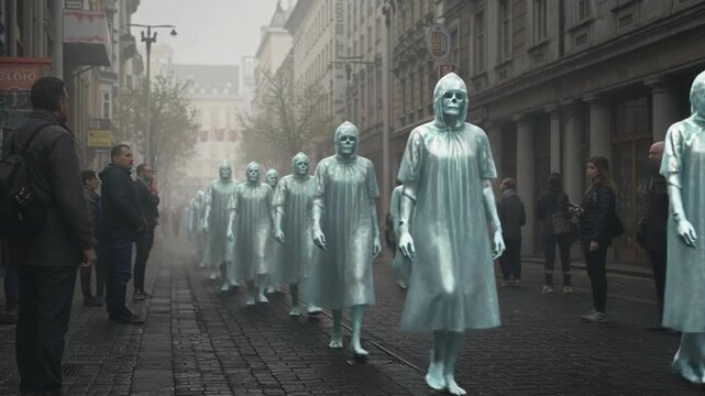 A surreal procession unfolds on a foggy street as eerie figures clad in transparent attire march together, captivating the attention of onlookers in a mysterious urban setting.