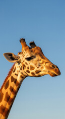 Naklejka premium Giraffe Head and Upper Neck in Side Profile Against Clear Blue Sky Highlighting Patterned Coat and Ossicones in Detailed Wildlife Portrait Scene