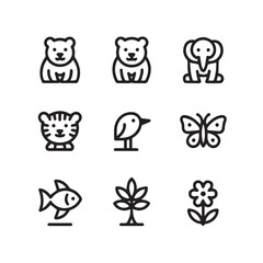 Obraz premium Set of nine cute cartoon animal and nature icons, including bears, tiger, elephant, bird, butterfly, fish, plant, and flower, isolated on white background technology background