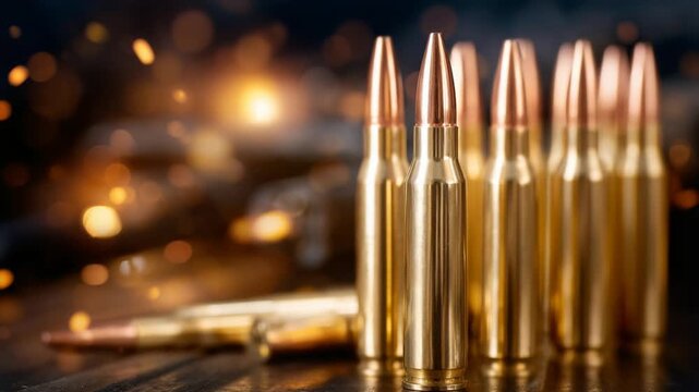 A close-up shot of rifle ammunition with glowing brass casings and highlighted copper tips, set against a blurred industrial backdrop.