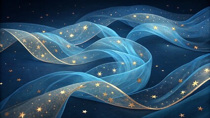 Abstract flowing blue ribbons with shimmering golden sparkles on dark background
