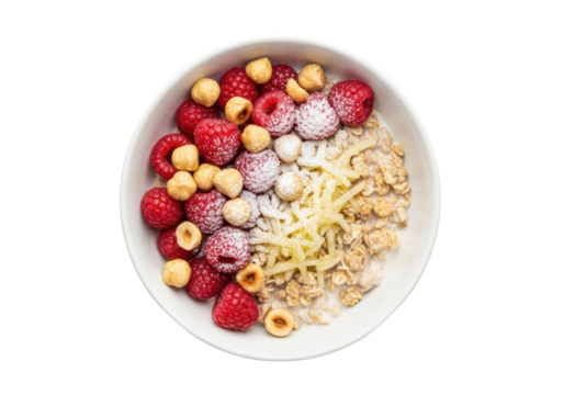 transparent ceramic bowl with creamy bircher muesli, red raspberries, toasted hazelnuts, and powdered sugar on a transparent background, commercial food photography concept of healthy breakfast