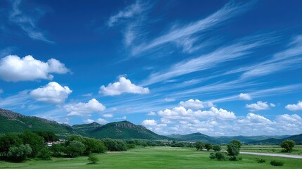 Vibrant Blue Sky with Wispy White Clouds Over Green Landscape in Broad Daylight