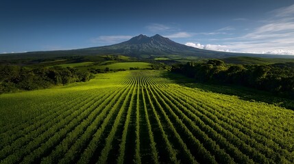 Aerial view of lush vineyard rows on volcanic soil with dormant volcano backdrop in vibrant green landscape