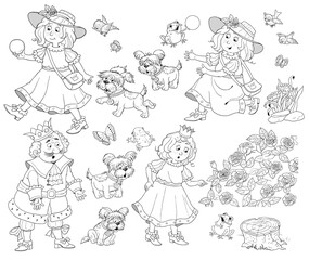 The Frog Prince. Fairy tale. Coloring page. Set of cute illustrations for children