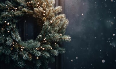 Evergreen christmas wreath decorating a door with festive lights and falling snow - Powered by Adobe