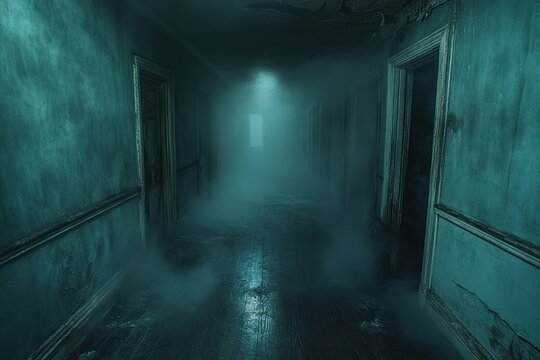 Dark eerie hallway in abandoned hotel with mist and damaged doors cinematic horror