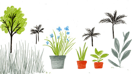Obraz premium A drawing of several plants in pots, with green leaves and blue flowers
