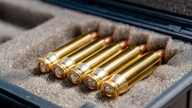 Showcase your ammunition collection with 43 brass rounds, polished copper tips, and a foam case insert, all illuminated by a warm amber glow.