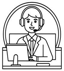 Businessman with headset working on laptop in office cartoon vector illustration