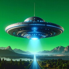Alien Spaceship Over Landscape.