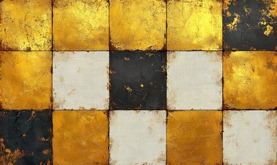 Gold-toned checkered pattern on a surface.  Texture and depth in the design