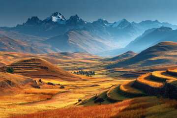 A breathtaking view of terraced Andean mountainsides at sunrise showcasing vibrant golden grass, rolling hills, and distant snow-capped peaks under a clear blue sky