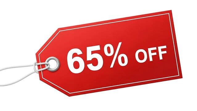 Sixty five percent off sale tag promotion discount offer clearance price reduction limited time deal savings on transparent background