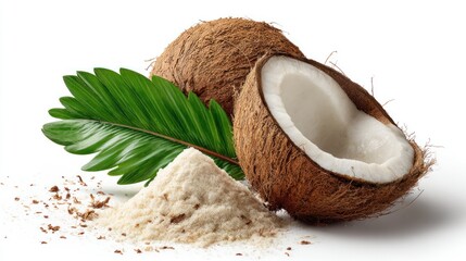 Coconut fruit, half open, with powder and leaf, isolated on white