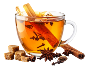 Cinnamon Tea in Glass with Floating Spices, Artistic Close-Up