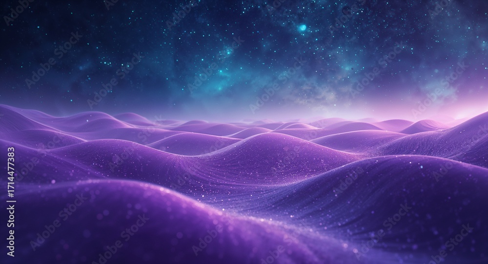 Wall mural cyan fractal spirals emerging from violet canvas with golden dots accenting infinite geometric motio