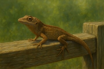 Fototapeta premium Brown anole lizard resting on wooden fence rail