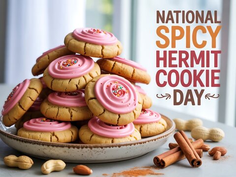 Pile of spicy hermit cookies with pink icing for national cookie day event - Powered by Adobe