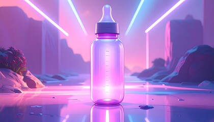 Neon baby bottle in a surreal landscape