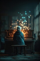 Obraz premium Elderly woman playing upright piano as glowing butterflies rise into the air, blending surreal light with musical memory
