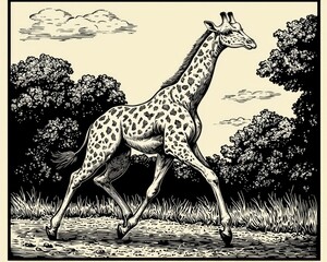 A running giraffe in a stylized, engraved-style landscape