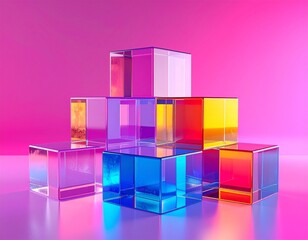 Ai Generated Abstract 3D Composition of Transparent Glass Blocks in Geometric Steps, in Neon Gradients of Magenta, Cyan, Purple, Orange, and Teal. High contrast Background