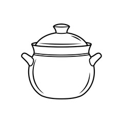 Simple black line drawing of a covered cooking pot with handles.